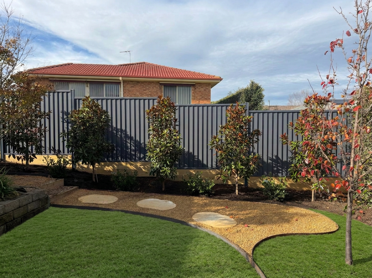 Steppers set in a gravel path framed with curved steel edging