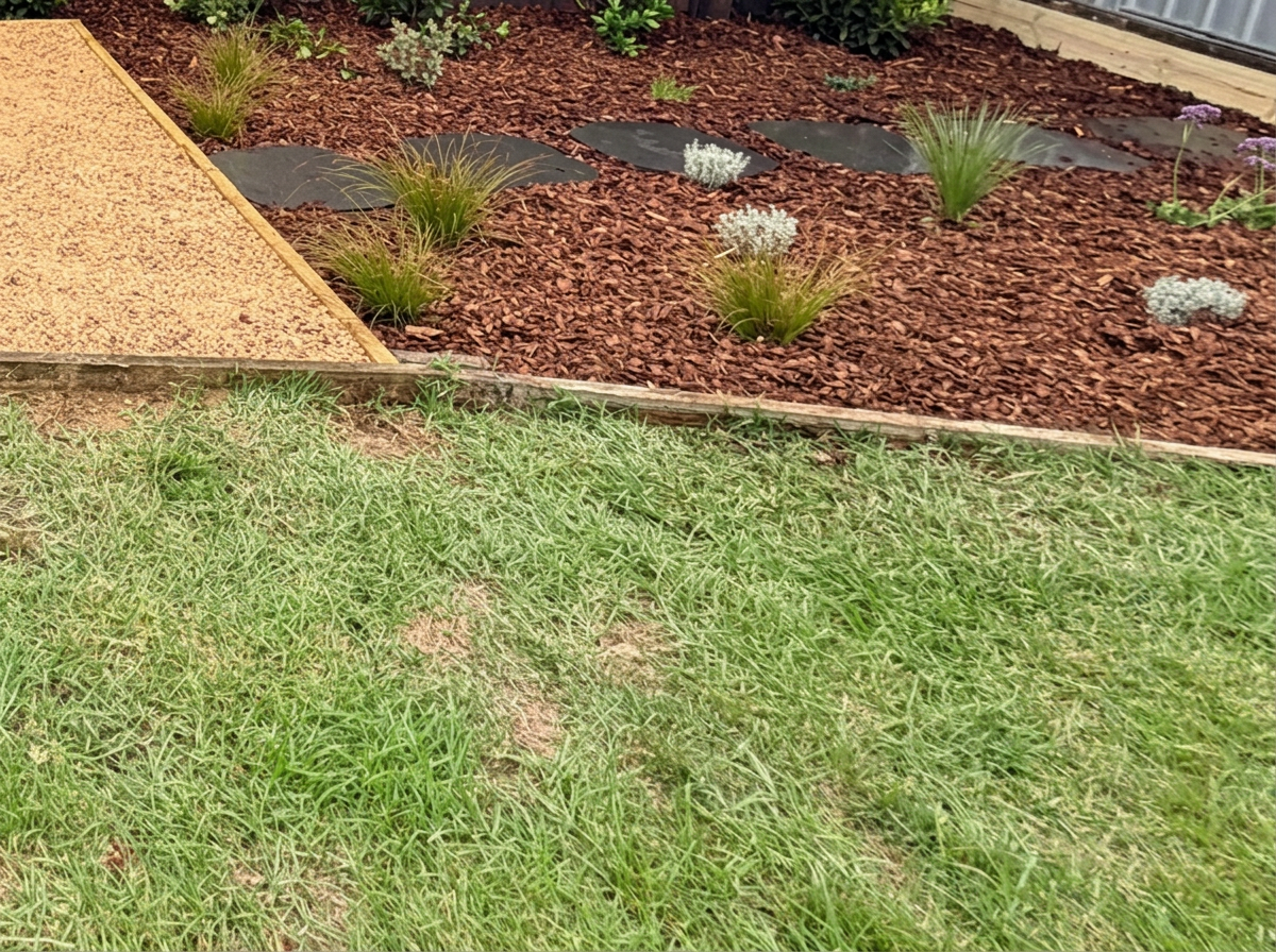Straight steel edging running along a lawn beside a mulched native garden bed