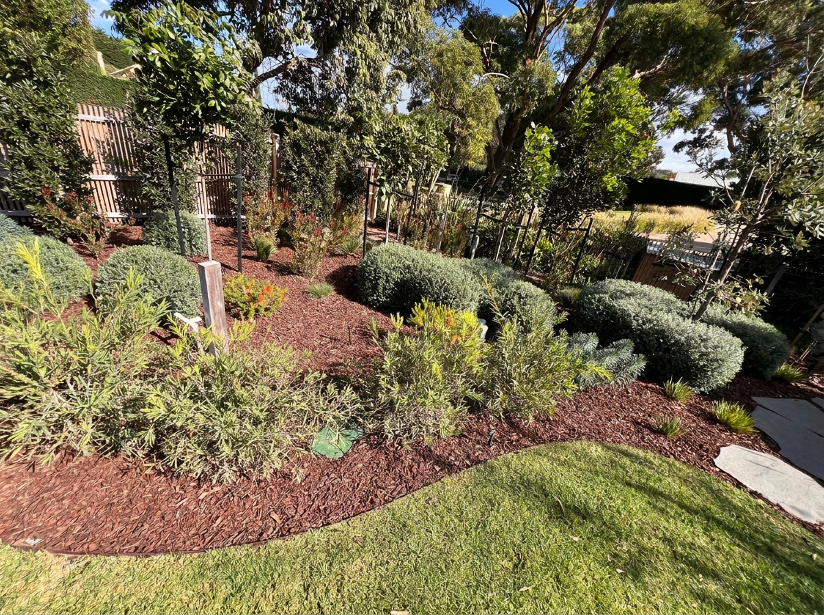 Sweeping curved steel edging between a lawn and a mulched native garden bed