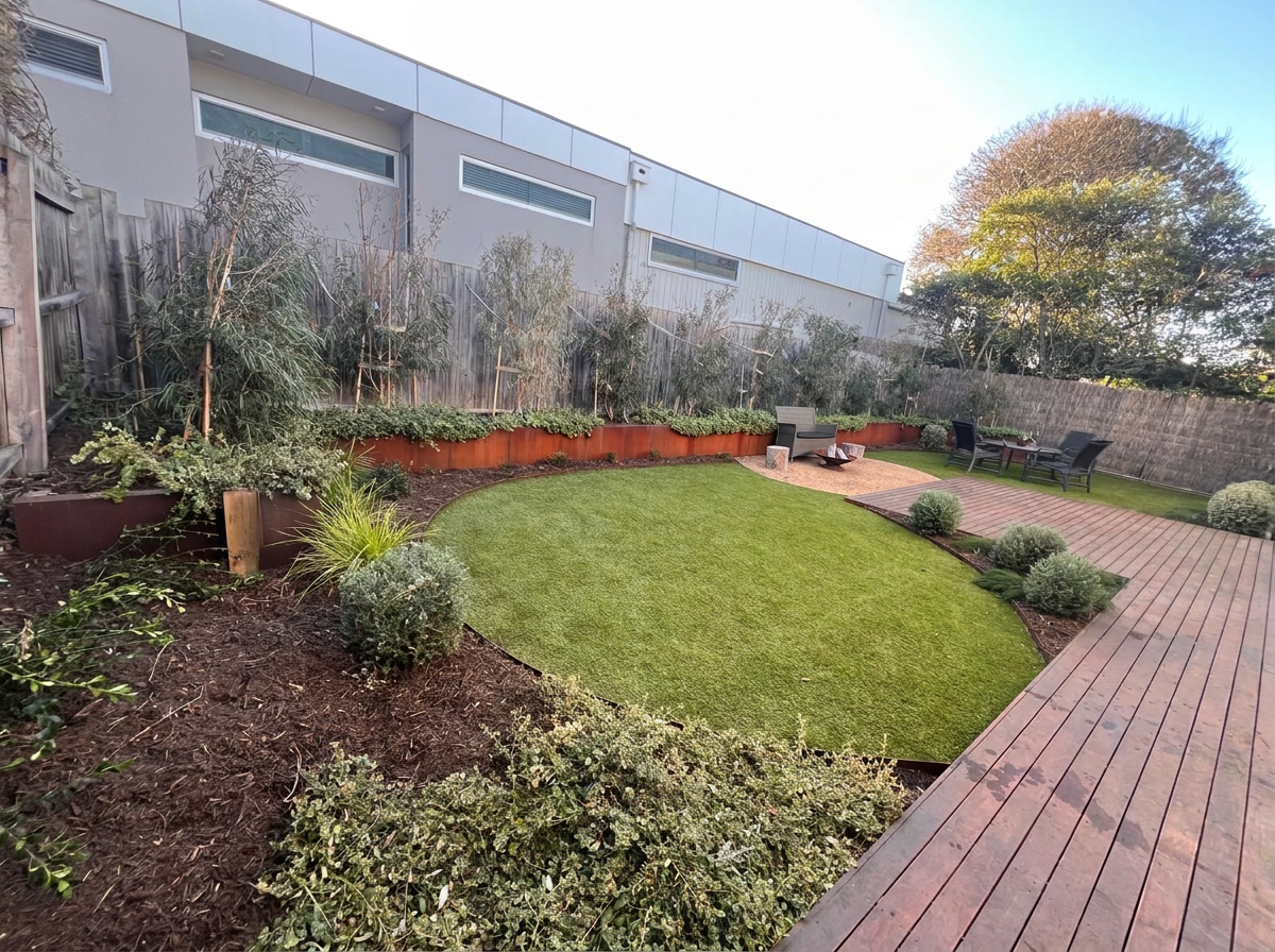 Curved steel edging framing a lawn beside Corten raised garden beds and a timber deck