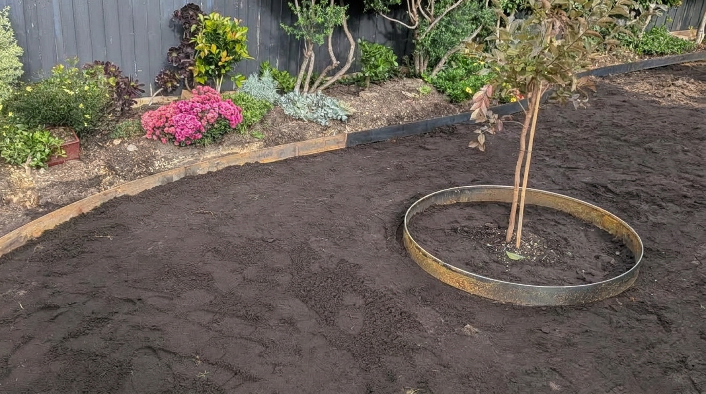 Curved Corten steel edging sweeping around a freshly prepared garden bed with a circular steel tree ring