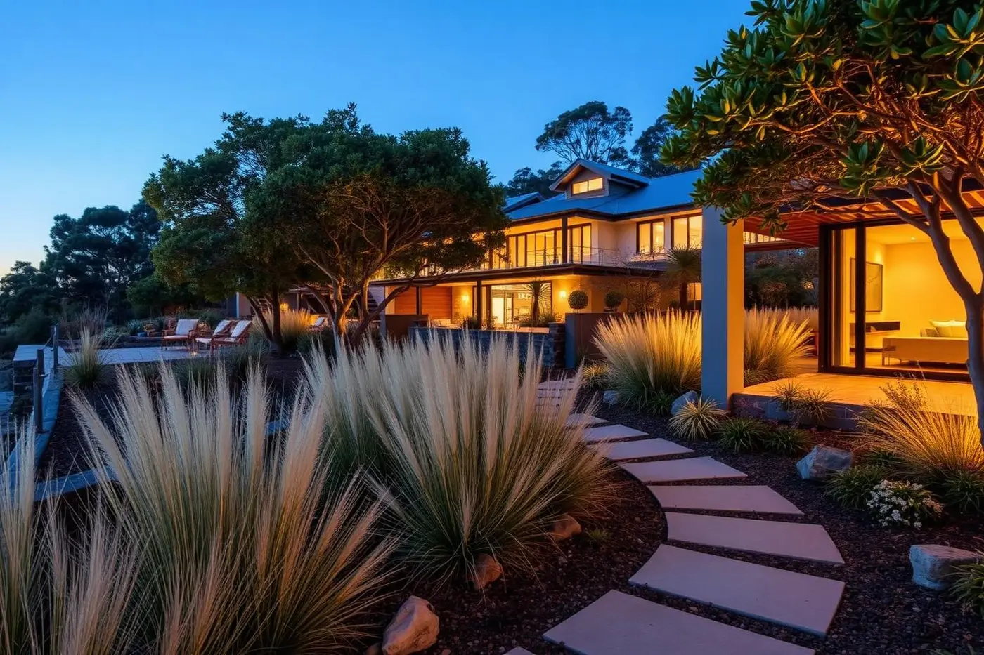 A refined coastal garden on the Mornington Peninsula at dusk