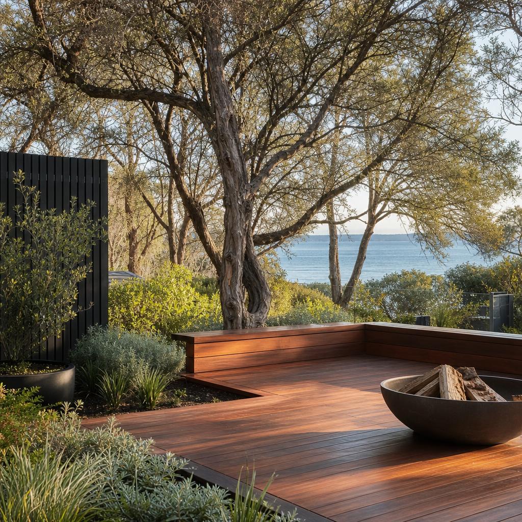 Merbau hardwood deck framed by mature moonah tea trees with views over Port Phillip Bay, Blairgowrie