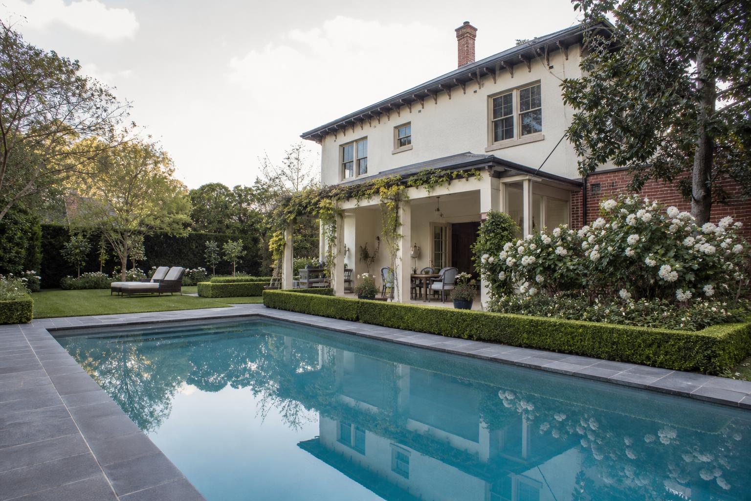 Heritage pool landscape with bluestone coping, clipped buxus and white iceberg roses in front of a 100-year-old double-storey Edwardian home, Toorak