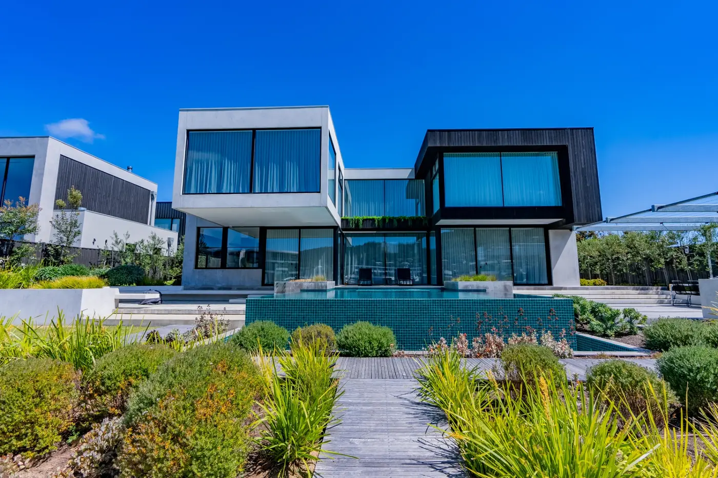 Modern landscaped garden with infinity pool, native planting and timber boardwalk by Bloomberry